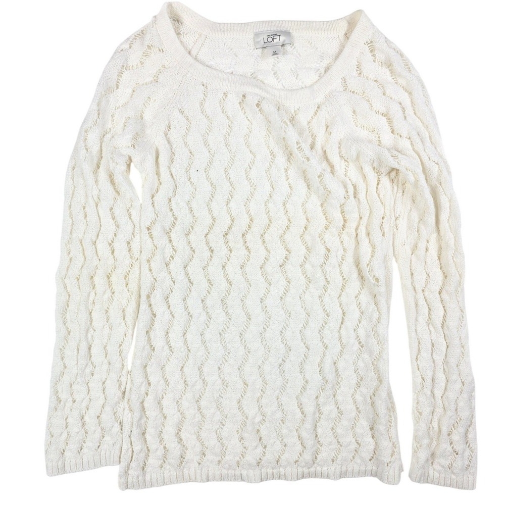 LOFT Ann Taylor Cream Open Knit Long Sleeve Round Neck Sweater Women's Size M